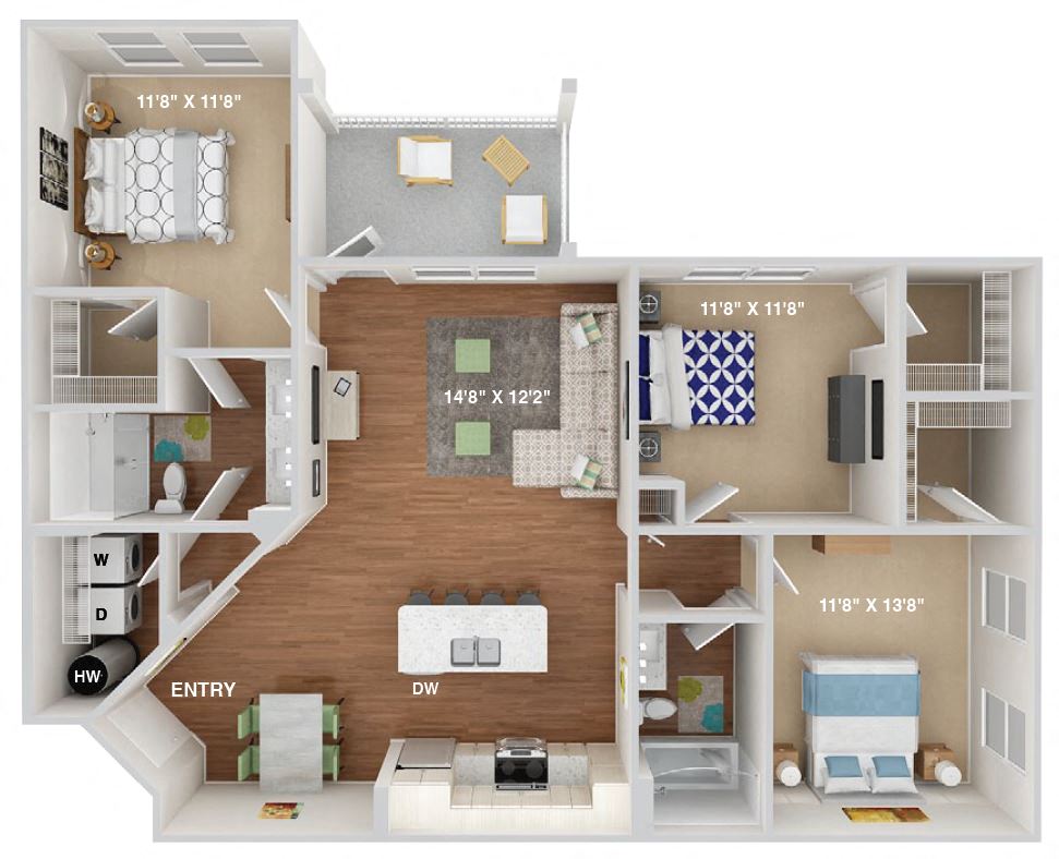 Floor plan for 3 beds, 2 baths, 1300 sqft
